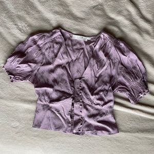 ASTR light purple puff sleeve button v neck shirt
